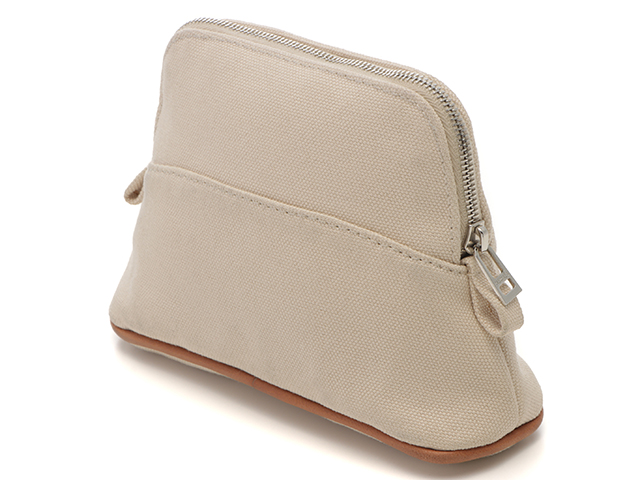HERMES ベージュ キャンバス ミニポーチ エルメス フラットポーチ キャンバス ベージュ シルバー金具 A