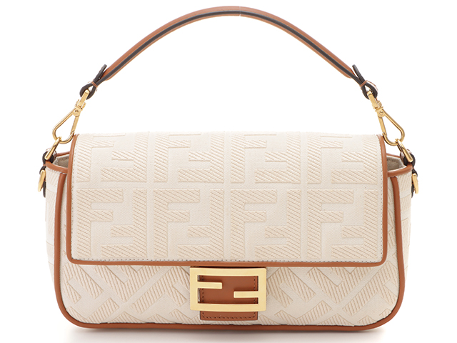 【美品】フェンディ ショルダーバッグ レザー×キャンバス FF柄 ベージュ FENDI フェンディ ワンショルダー FFモチーフバゲットミディアム