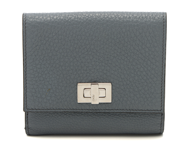 FENDI ピーカブー　折り財布　グレー FENDI フェンディ ピーカブー 三つ折り財布 ブルーグレー レザー