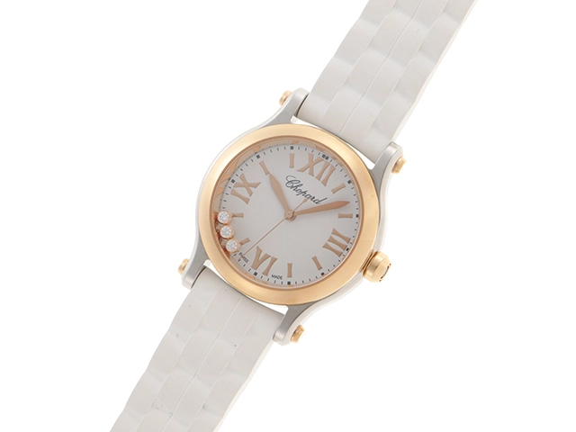 Chopard　ショパール　ハッピースポーツ　ホワイト文字盤　クォーツ　SS/GP/革　278590-6001【471】N