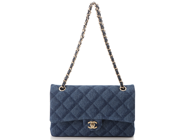 CHANEL シャネル デニムマトラッセWフラップWチェーンショルダー ブルー/GP プリントデニム A01112 B09077  NK307【430】2143200496629