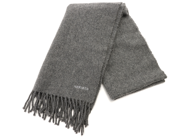 【美品⠀】エルメス☆ユニ・ブロデ・マフラー HERMES エルメス ユニ・ブロデ マフラー カシミヤ グレー【434】 の