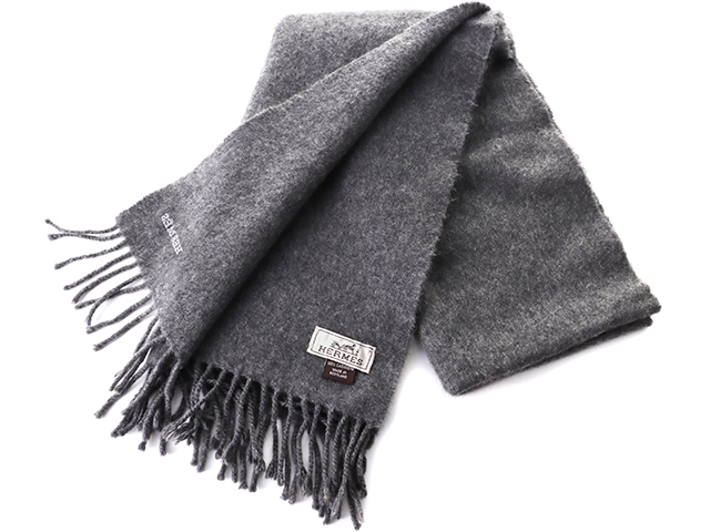 【クリーニング済】HERMES カシミヤ マフラー ブラック グレー HERMES エルメス ユニ・ブロデ マフラー カシミヤ グレー【434】 の