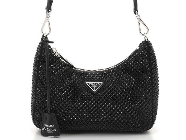 【洗練された】PRADA クリスタル付サテンサンダル クリスタル 完売必至】プラダ キラキラ華やかなクリスタルサテンバッグ