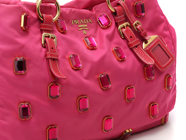 プラダ PRADA ビジュー トートバッグ ピンク ナイロン/パテント レザー