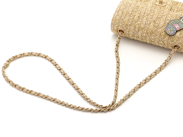 CHANEL シャネル ミニマトラッセ フクロウチャーム ナチュラル/GP金具 ラフィア素材 銀座並木通りリニューアル限定【472】KS