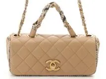 CHANEL シャネル マトラッセ フルフラップターンロック チェーンショルダー ライトベージュ ラムスキン/ツィード 【460】2143200577267