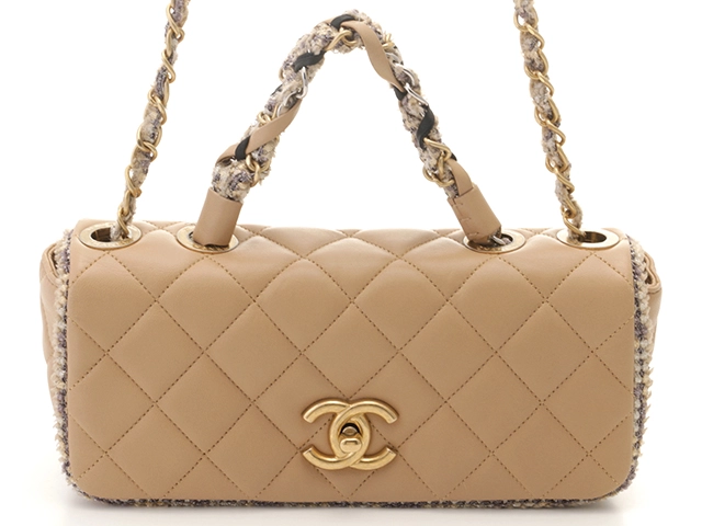 CHANEL シャネル マトラッセ フルフラップターンロック チェーンショルダー ライトベージュ ラムスキン/ツィード 【460】2143200577267