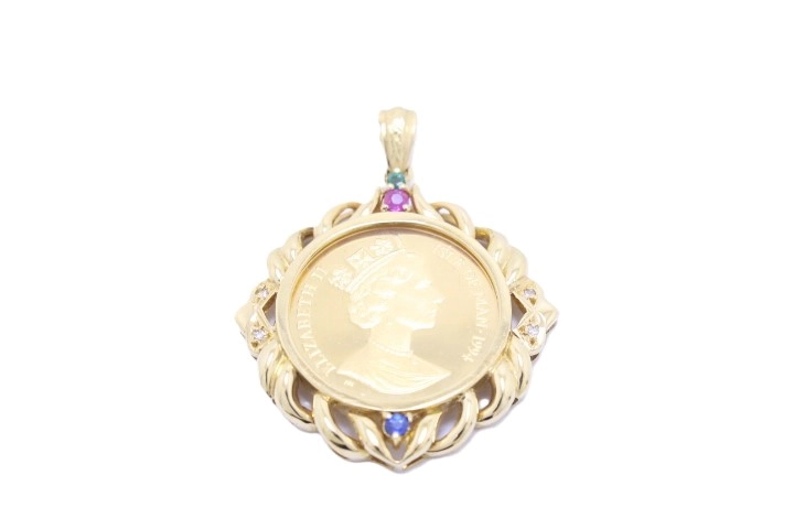 JEWELRY ノンブランドジュエリー マン島キャットCROWN金貨 ペンダントトップ 1/5oz K18/K24 マルチカラーストーン 0.24ct ダイヤモンド 0.03ct 【460】2143200577533