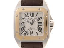 Cartier カルティエ 腕時計 サントス100 LM W20077X7 K18イエローゴールド/スティール/アリゲーターベルト シルバー文字盤 自動巻き【472】SJ