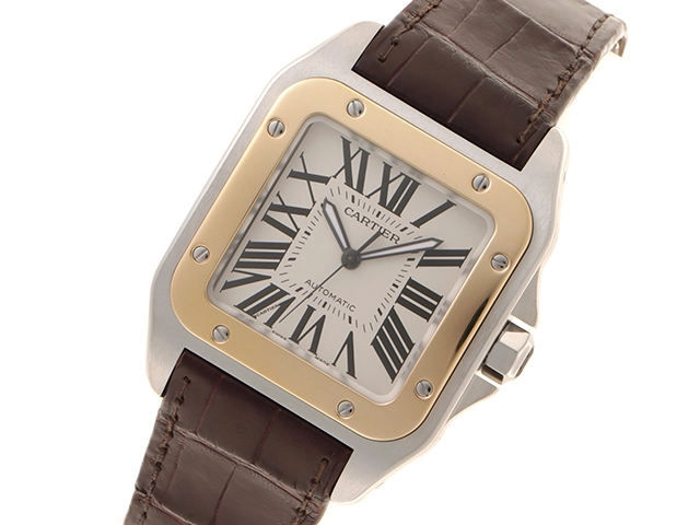 Cartier カルティエ 腕時計 サントス100 LM W20077X7 K18イエローゴールド/スティール/アリゲーターベルト シルバー文字盤 自動巻き【472】SJ
