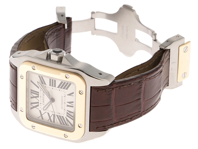 Cartier カルティエ 腕時計 サントス100 LM W20077X7 K18イエローゴールド/スティール/アリゲーターベルト シルバー文字盤 自動巻き【472】SJ