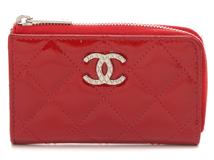CHANEL シャネル ブリリアント マトラッセ キーリング付きコインケース レッド/SV パテント 【460】2143200608077