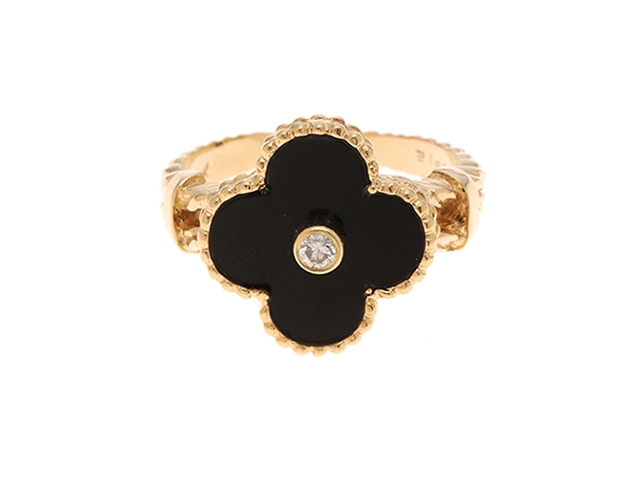 Van Cleef & Arpels ヴァン クリーフ&アーペル ヴィンテージアルハンブラ リング 初期型 10号 K18イエローゴールド/オニキス/ダイヤモンド 5.1g 【472】SJ