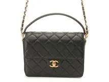 CHANEL シャネル 2WAY マトラッセ スモール トップハンドル フラップバッグ ブラック キャビアスキン【473】