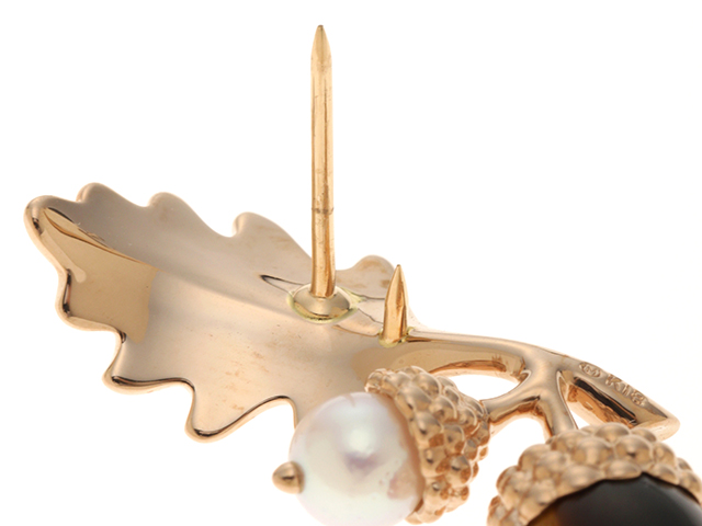 MIKIMOTO　ミキモト　ピンブローチ　ピンクゴールド　パール　タイガーアイ　K18　TE　P　6.9g　【460】2143300155167