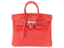HERMES エルメス ハンドバッグ バーキン25 ルージュクー クロコダイル ポロサス シルバー金具 D刻印 2143300207170【430】
