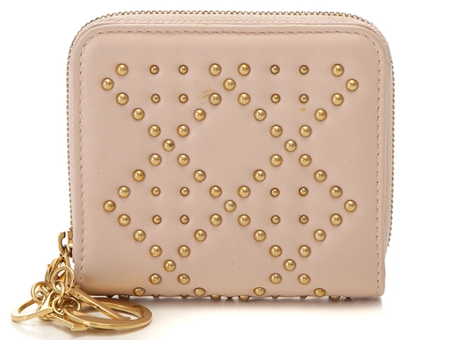 Dior ディオール カナージュスタッズ 二つ折財布 ラムスキン ピンク