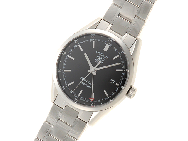 【美品】タグホイヤー TWIN TIME ブラック自動巻き TAG HEUER タグホイヤー ｶﾚﾗ ﾂｲﾝﾀｲﾑ SS WV2115-0 自動巻き