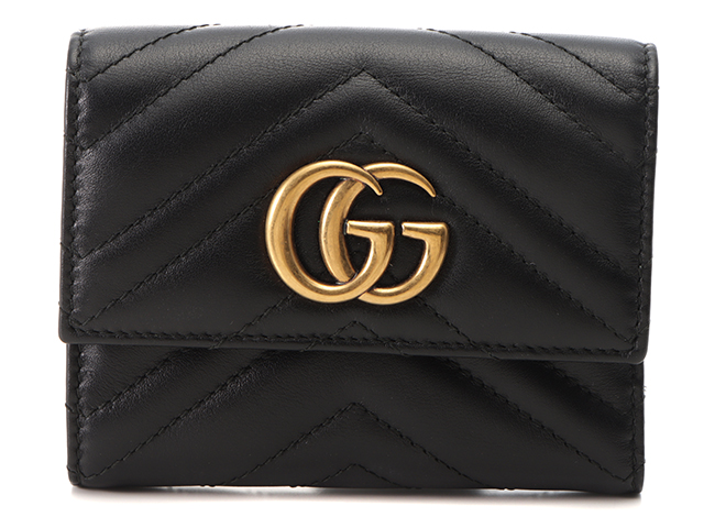 GUCCI　グッチ　GGマーモント　三つ折り財布　ブラック/GP　箱有り　女性用財布【433】