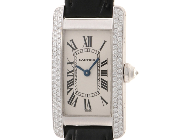 Cartier カルティエ　レディース クオーツ　タンクアメリカンSM 2重Dベゼル WB701851　ホワイトローマン文字盤 K18WG/クロコレザー【472】HK