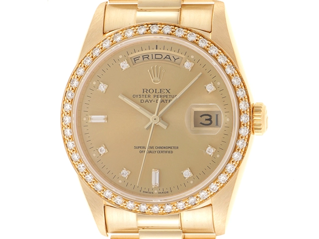 L番　ROLEX　ロレックス　デイデイト　18348A　金無垢　ダイヤベゼル　10PD　ゴールド文字盤　メンズ　腕時計（2143600357384）【200】C