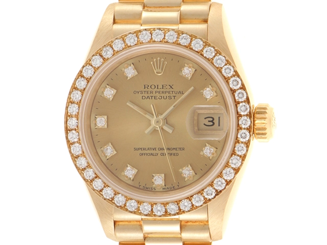 E番 ROLEX ロレックス 時計 デイトジャスト 69138G シャンパンゴールド文字盤 ダイヤベゼル YG 10Pダイヤ 自動巻き レディース（2143600357391）M【200】