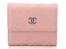 CHANEL　シャネル　ワイルドステッチ　コンパクトウォレット　ピンク/ブルー　SV金具　レザー【431】