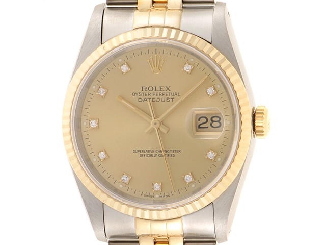 X番 ROLEX ロレックス 時計 デイトジャスト 16233G 36mm シャンパンゴールド文字盤 10Pダイヤ YG/SS 自動巻き メンズ（2143600359791）M【200】  の購入なら「質」の大黒屋（公式）