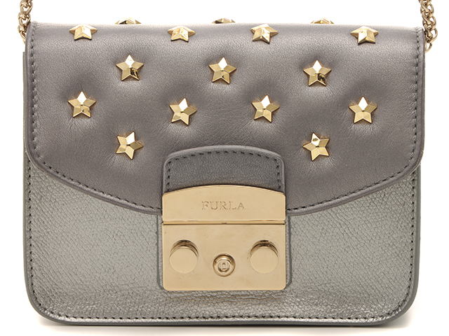 FURLA　フルラ　メトロポリス　カスタマイズ　チェーンショルダーバッグ　型押し　シルバー　パープル　スタースタッズ　替えフラップ付　【474】