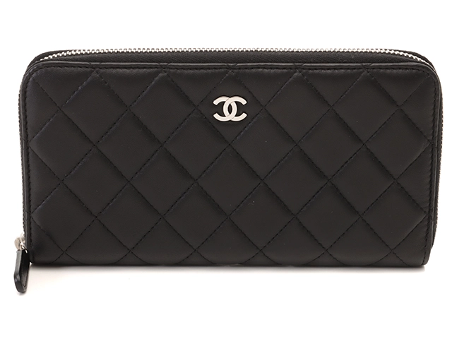 CHANEL シャネル マトラッセ ラウンド長財布 ブラック シルバー金具 ラムスキン 2143700195978 【432】