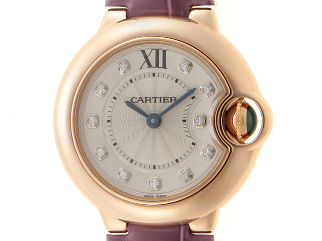 Cartier カルティエ　バロンブルー28ｍｍ　WE902050　シルバー11Pダイヤ文字盤　PG/革ベルト　ピンクゴールド　クオーツ　 レディースウォッチ　時計【204】