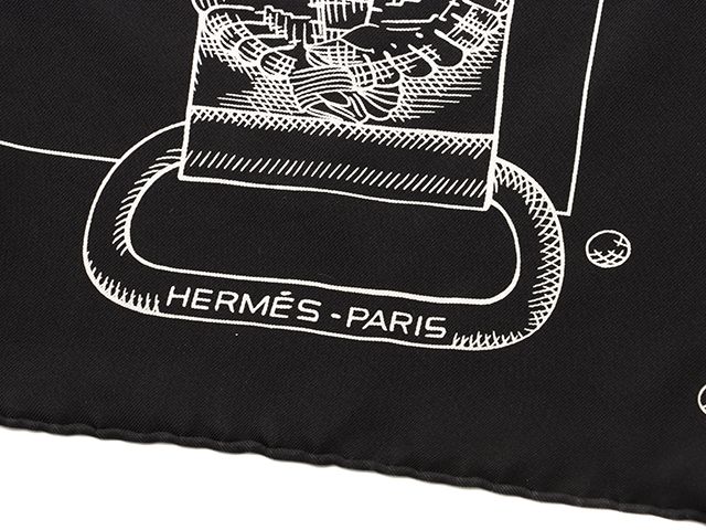 HERMES エルメス 　スカーフ　カレウォッシュ　CARRE WASH 　Boucles et Galons du  Tsar（ツァーリのバックルと飾緒）ブラック系　シルク　073425S 12【472】AH