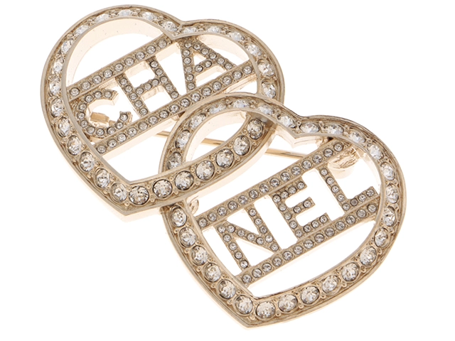 CHANEL シャネル ダブルハート CHANELロゴ ブローチ メタル GP ゴールドメッキ クリスタル 2144000227024【200】