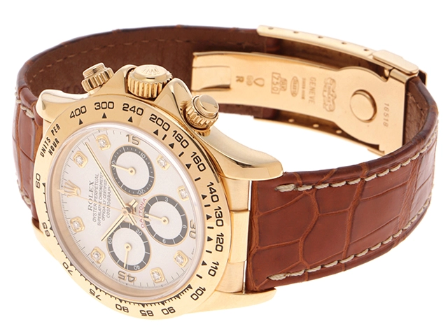 N番 ROLEX ロレックス 腕時計 コスモグラフ デイトナ 16518G 8Pダイヤモンドホワイト文字盤 逆6 K18イエローゴールド/クロコベルト 自動巻き【472】SJ