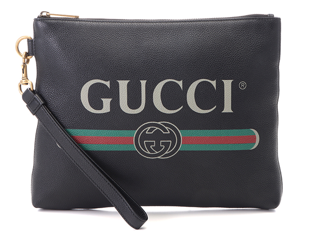 爆買い！ GUCCI レザー ブラック クラッチバッグ ロゴプリント グッチ バッグ