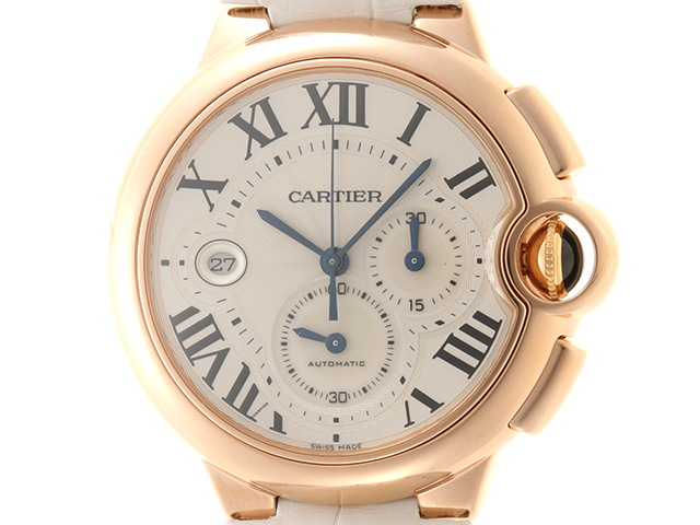 Cartier　カルティエ　バロンブルー　クロノ　ピンクゴールド　革ベルト　シルバー文字盤　自動巻き　男性用腕時計　Ｗ6920009　2146000323119　【437】
