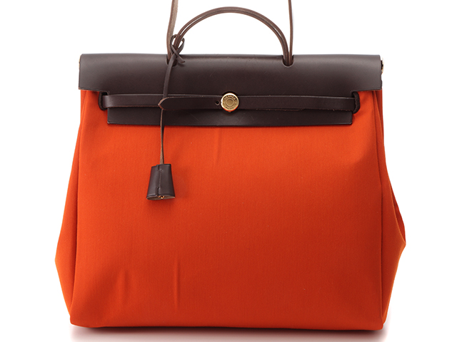 HERMES エルメス エールバッグMM ブラウン オレンジ レッド キャンバス 