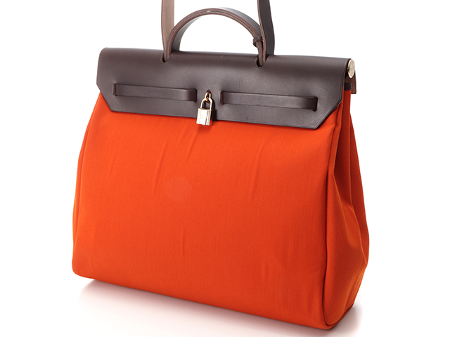 HERMES エルメス エールバッグMM ブラウン オレンジ レッド キャンバス 