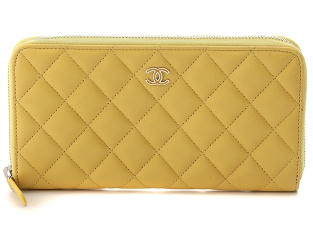 ジップCHANEL シャネル 美品 ラウンドジップ 長財布 イエロー マトラッセ