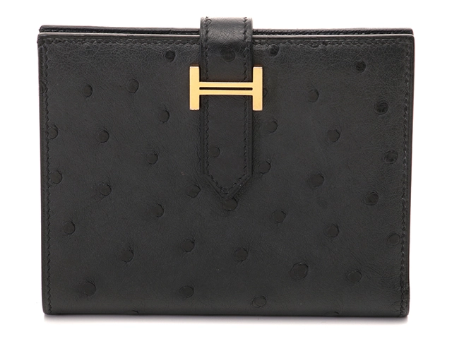 HERMES　エルメス　小物　二つ折り財布　ベアンコンパクト　ブルーニュイ・GP金具　オーストリッチ　C刻印・2018年頃製造　【472】HA