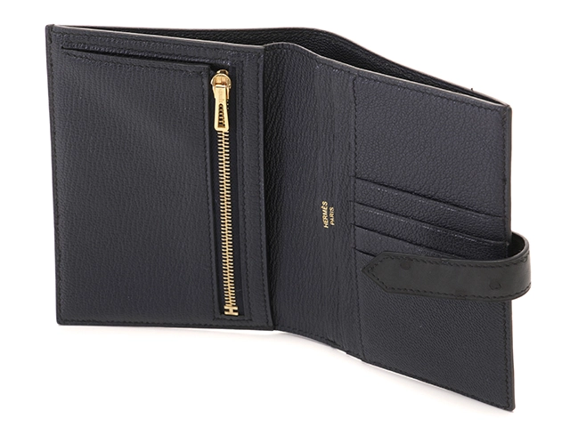 HERMES　エルメス　小物　二つ折り財布　ベアンコンパクト　ブルーニュイ・GP金具　オーストリッチ　C刻印・2018年頃製造　【472】HA