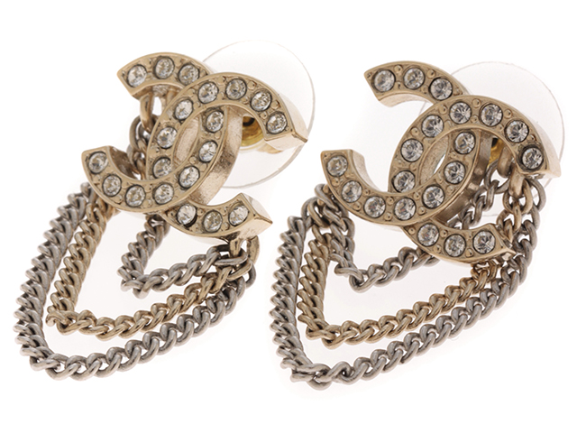 CHANEL シャネル ココマークチェーンピアス GP/ラインストーン