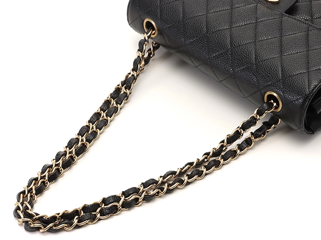 CHANEL シャネル マトラッセWフラップチェーンショルダー 23cm ショルダーバッグ マトラッセ ブラック ゴールド金具 キャビアスキン【434】