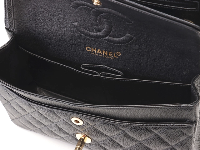 CHANEL シャネル マトラッセWフラップチェーンショルダー 23cm ショルダーバッグ マトラッセ ブラック ゴールド金具 キャビアスキン【434】