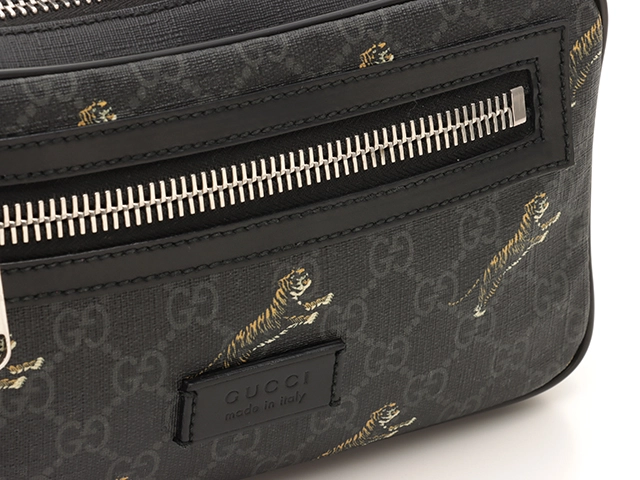 GUCCI　グッチ　タイガー　GGスプリーム　ウエストバッグ　ブラック　PVC/レザー【433】