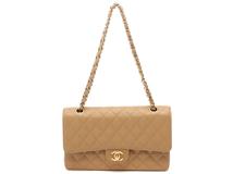 CHANEL　シャネル　マトラッセＷフラップ25　チェーンショルダー 　ベージュ　ゴールド金具　キャビア【432】2146000412301