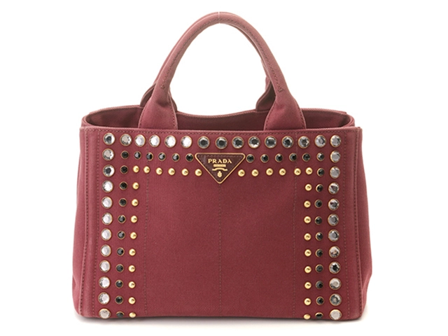 PRADA プラダ　ビジュースタッズ ミニカナパ ボルドー キャンバス　B2439O【430】2146000421709
