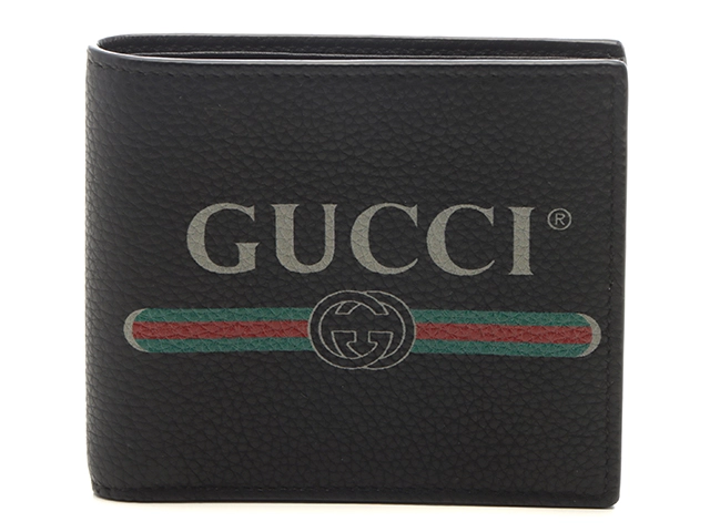 美品　GUCCI グッチ　筆記体ロゴ黒　レザー　二つ折り　財布　ケース GUCCI グッチ ロゴプリント 二つ折財布 ブラック レザー 496316