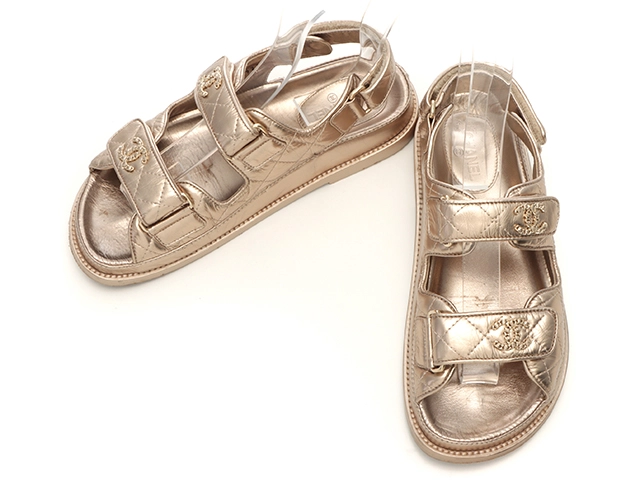 CHANEL シャネル サンダル レディース36 パールゴールド レザー G35927